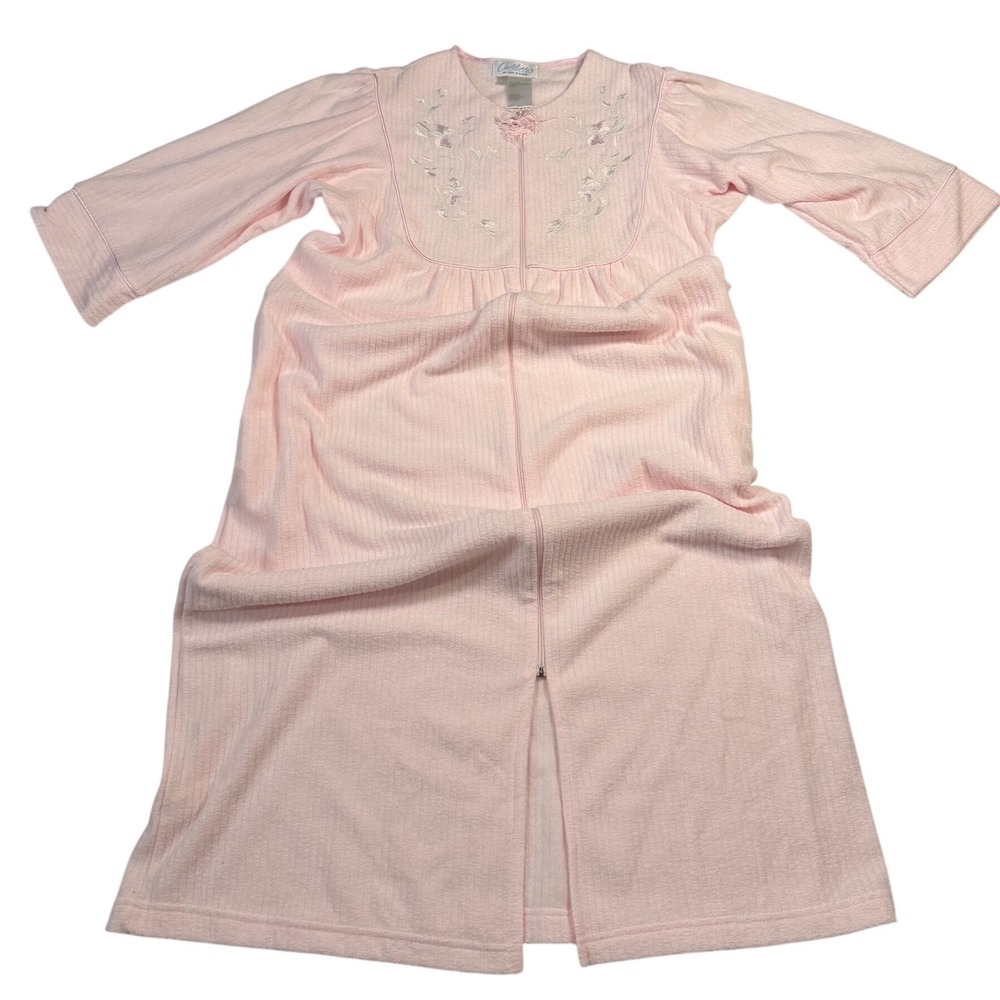 Collette‎ by Miss Elaine Robe Pink Zip Front Floral Embroidered Lounge M Women